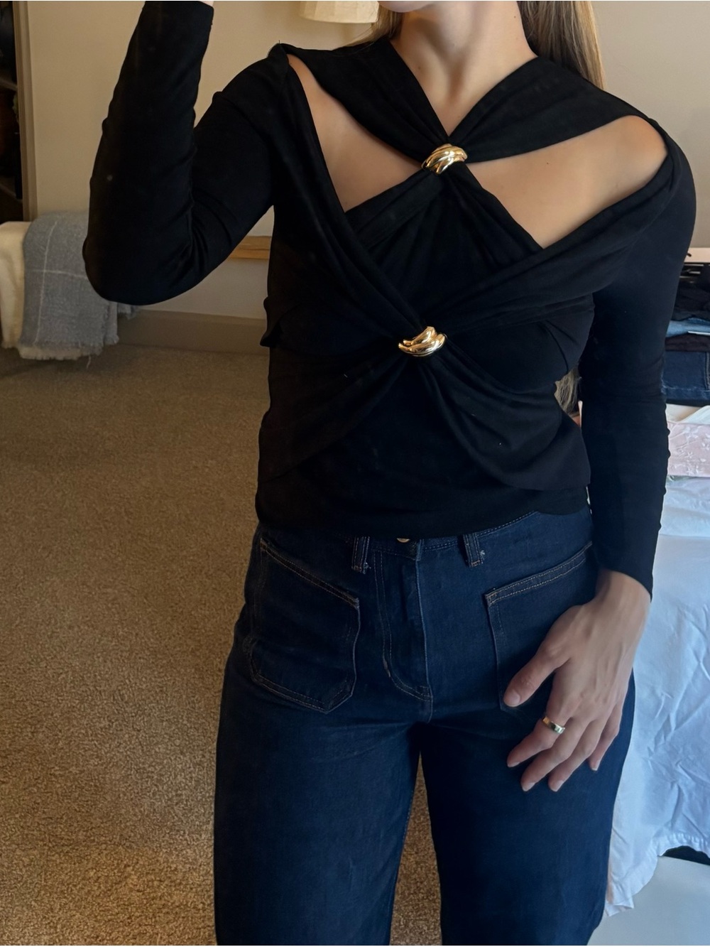 Ina Black Long Sleeve Twist Top with Gold Ring Accents